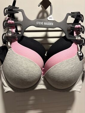 Steve Madden 3-Pack Padded Bras in Gray, Pink & Black